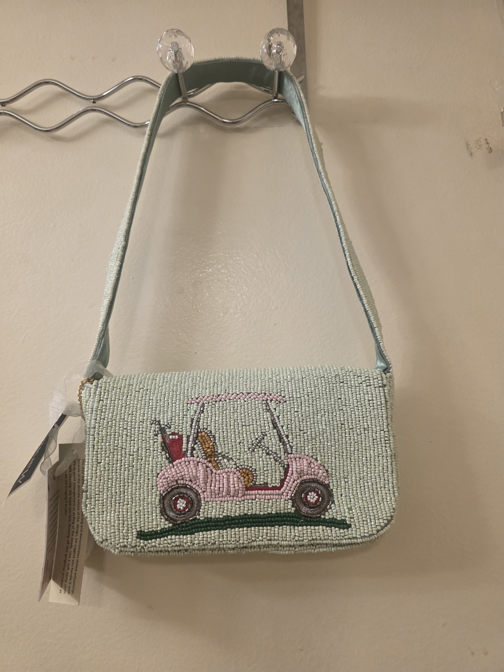 Indian Summer Mint Beaded Mini Bag with Pink Golf Cart Motif